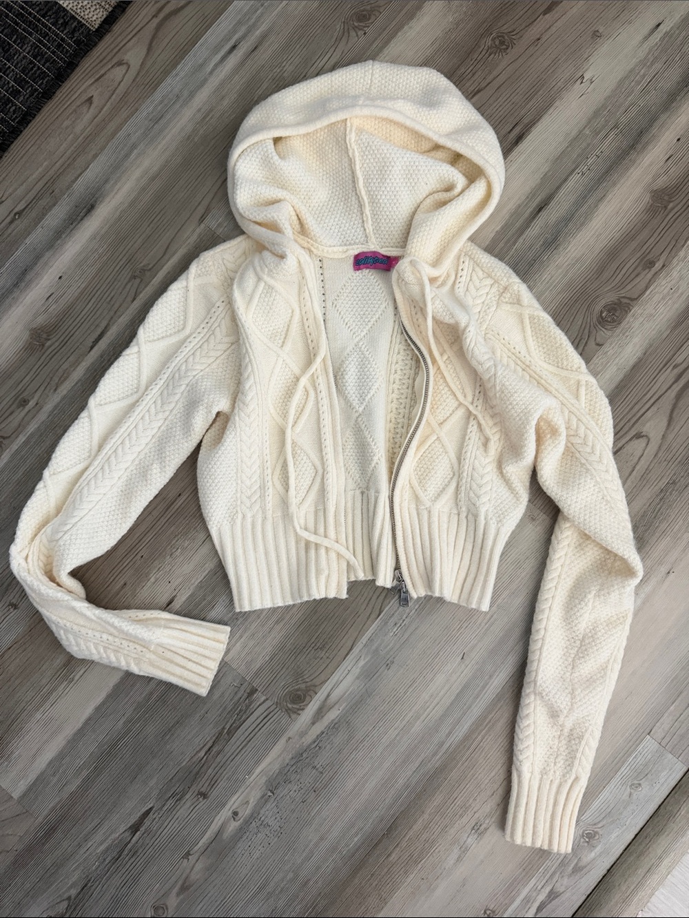 Edikted Cream Hooded Cable Knit Zip Cardigan